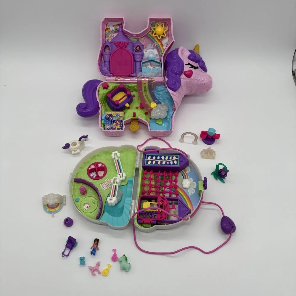 Polly Pocket Rainbow Funland Figures Unicorn Compact Accessories Lot Bundle